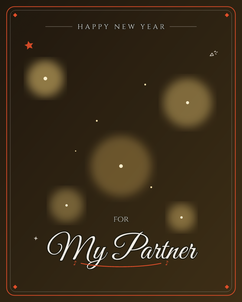 A deep dark background glows with soft golden orbs of light, scattered like fireflies or distant stars against a warm brown-black night, a new year e-card design by @DittyCityTeam