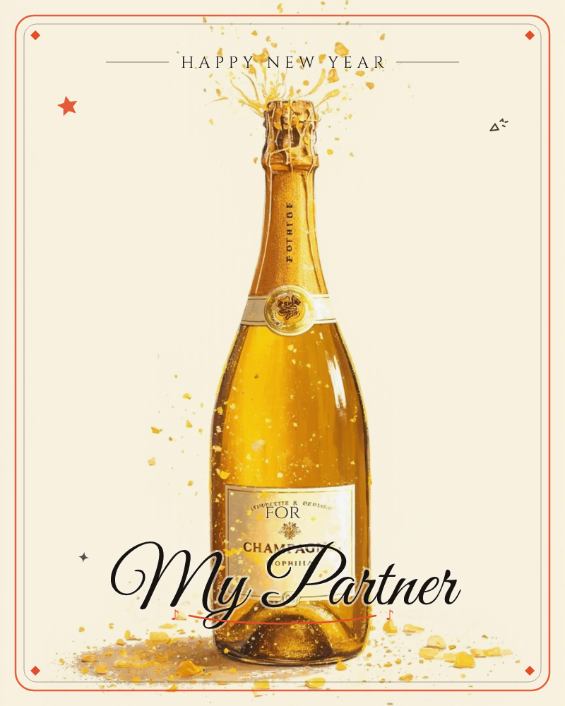 A champagne bottle stands mid-pop against a warm cream background, its cork caught in the air above a splash of golden bubbles frozen in motion, a new year e-card design