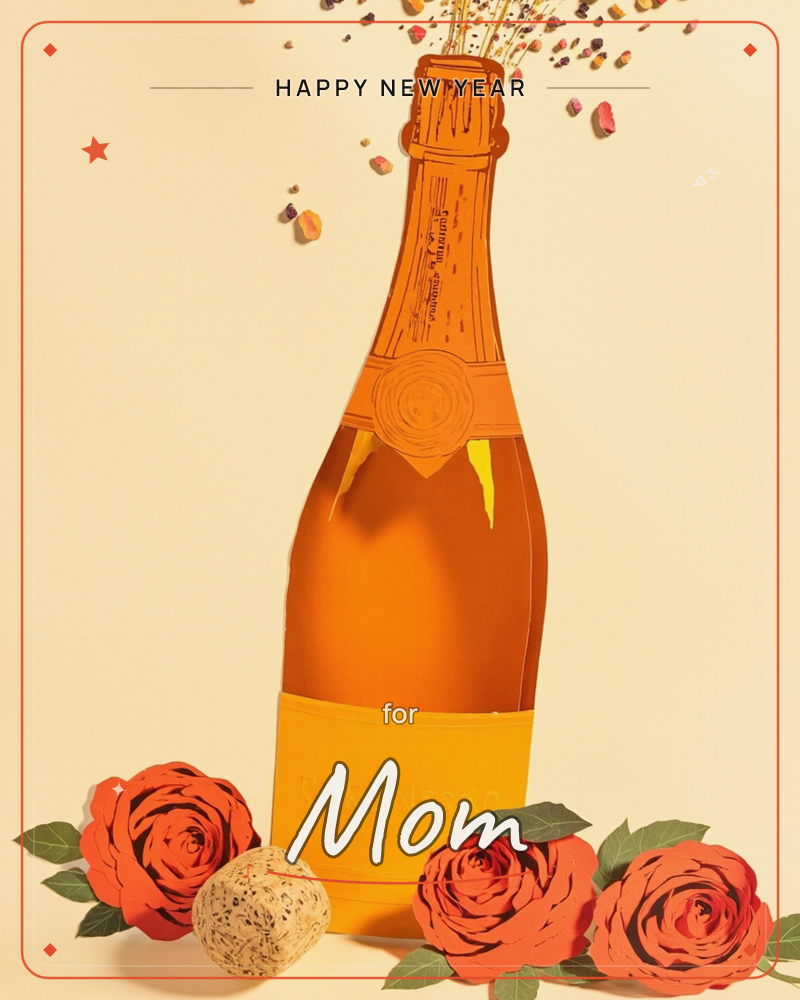 A paper-craft champagne bottle stands mid-pop, its cork flying off in a burst of confetti against a warm cream backdrop, a new year e-card design
