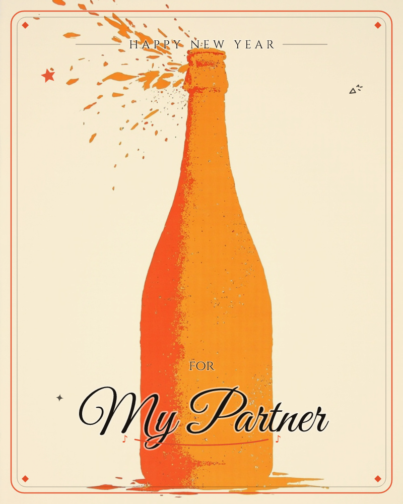 A tall bottle in bold orange is captured mid-pop, its cork sending a spray of speckled droplets flying up into the cream background, a new year e-card design