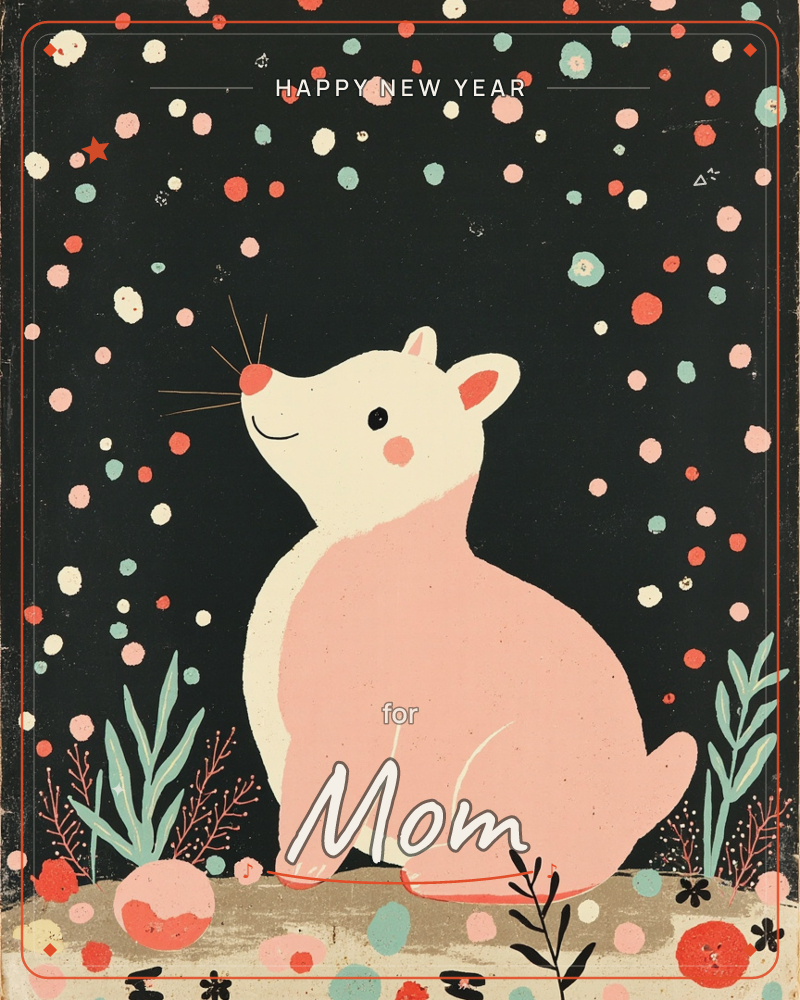 A small white and pink bear cub sits upright against a deep black night sky, its face lifted with eyes closed in quiet contentment, a new year e-card design
