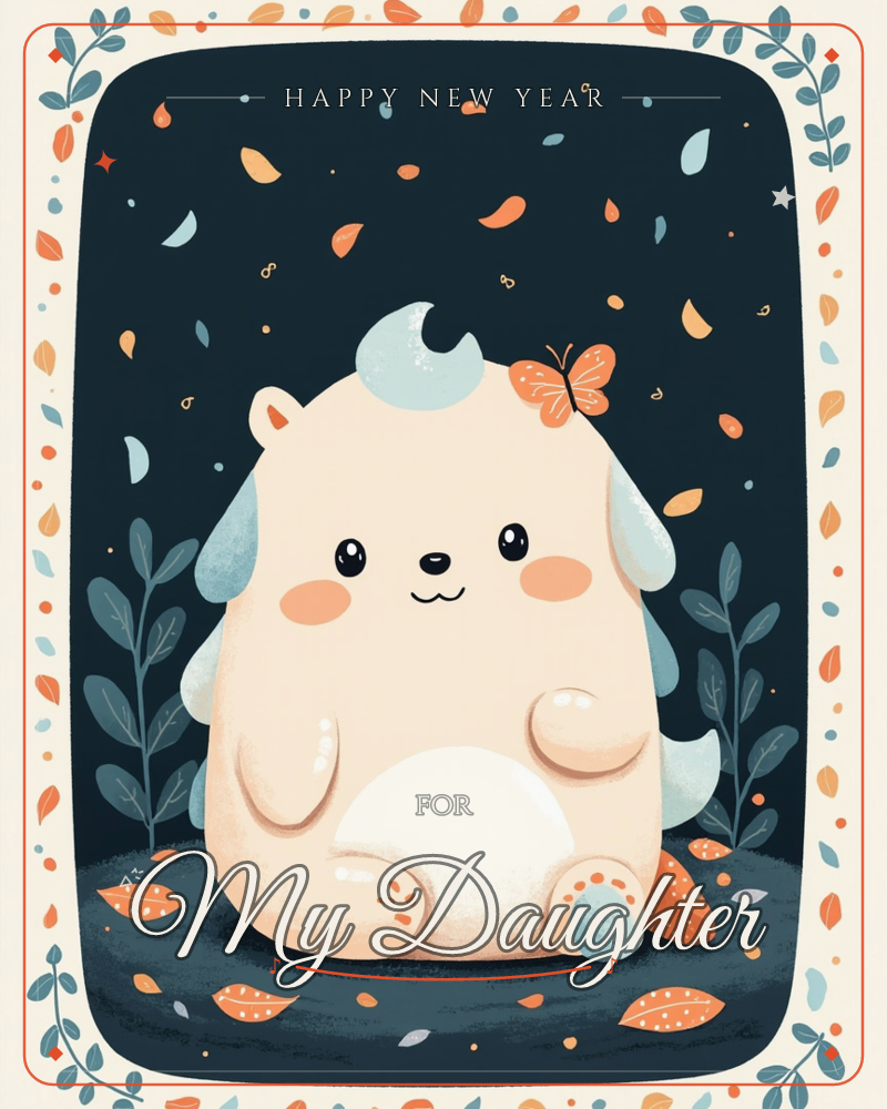 A round, dusty-pink and cream creature with a wispy blue tuft on its head sits plump and content against a deep navy background, a small orange…, a new year e-card design
