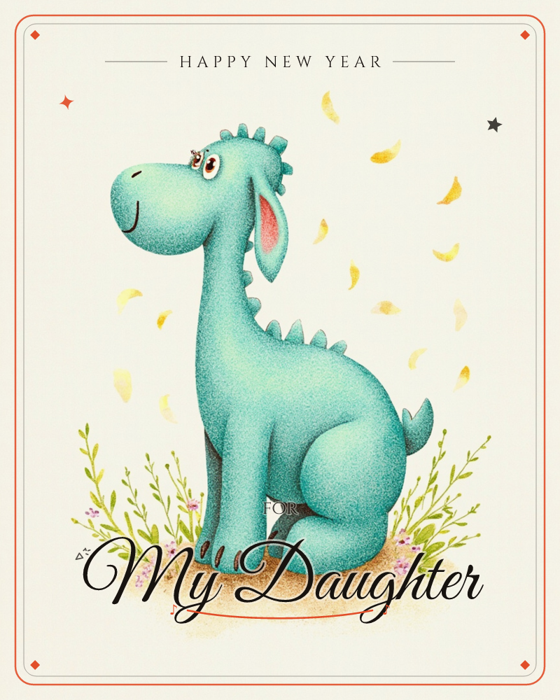 A round, smiling teal dinosaur sits on a small sandy patch surrounded by sprigs of green and tiny pink flowers, its ears pink and its back lined with…, a new year e-card design