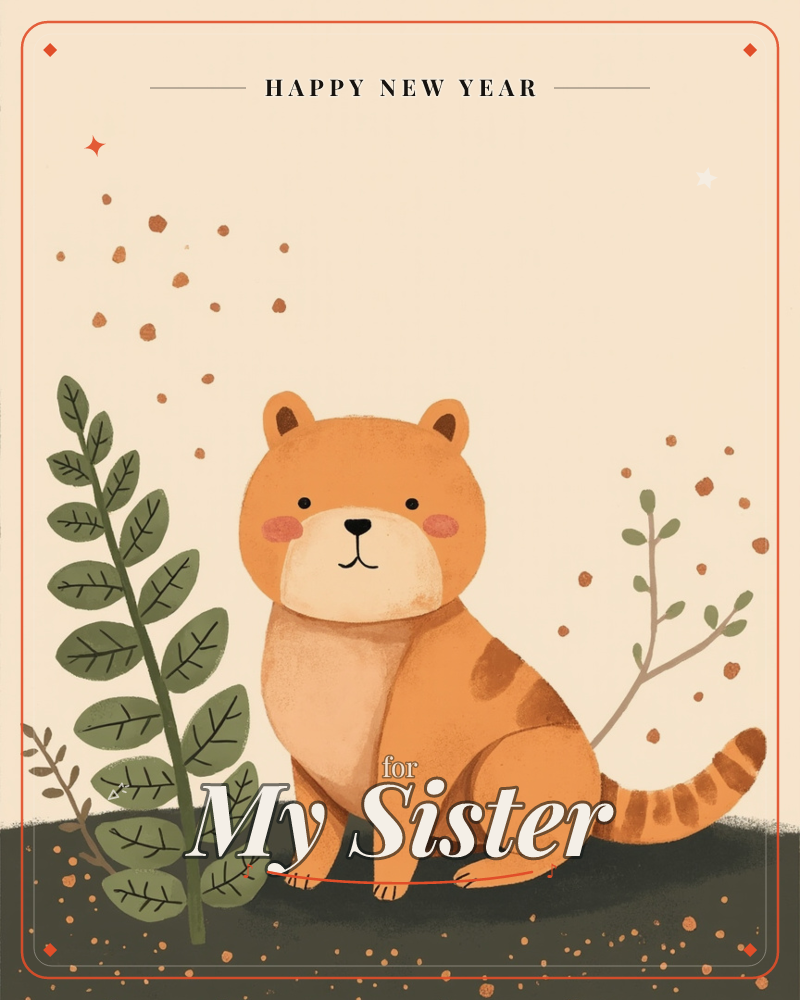 A round, rosy-cheeked orange creature with a striped tail sits between a leafy fern and a sparse speckled branch, set against a warm cream background…, a new year e-card design