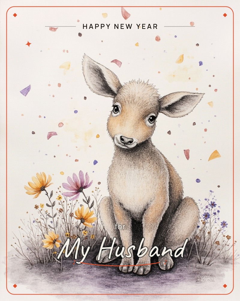 A wide-eyed baby deer with tall soft ears sits amid sparse wildflowers, its fur rendered in fine pencil strokes over a pale watercolour wash, a new year e-card design