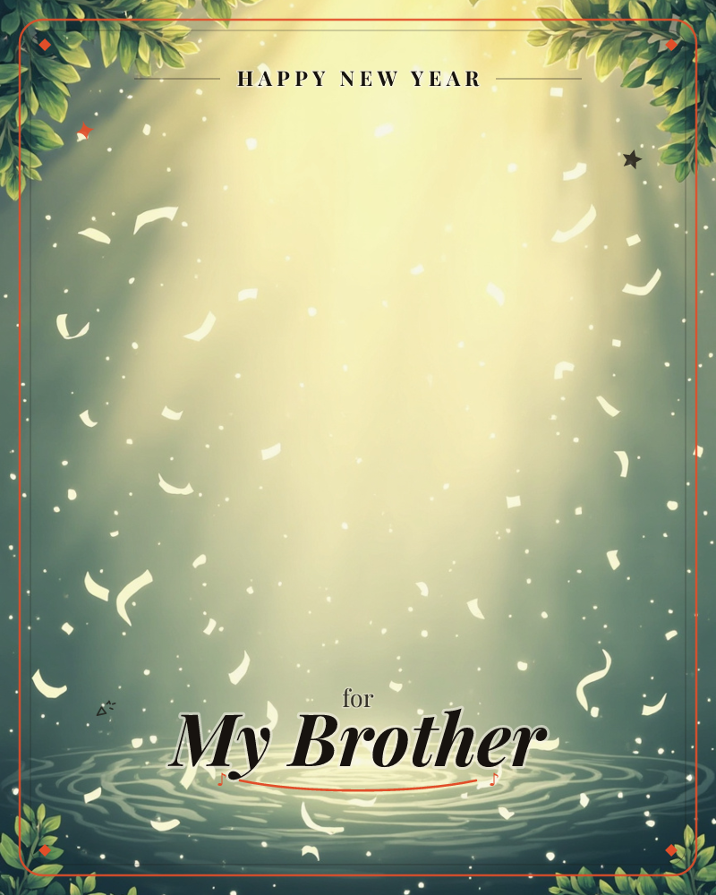 A shaft of golden light pours down through an opening framed by leafy branches in the top corners, scattering pale confetti through the air toward a…, a new year e-card design