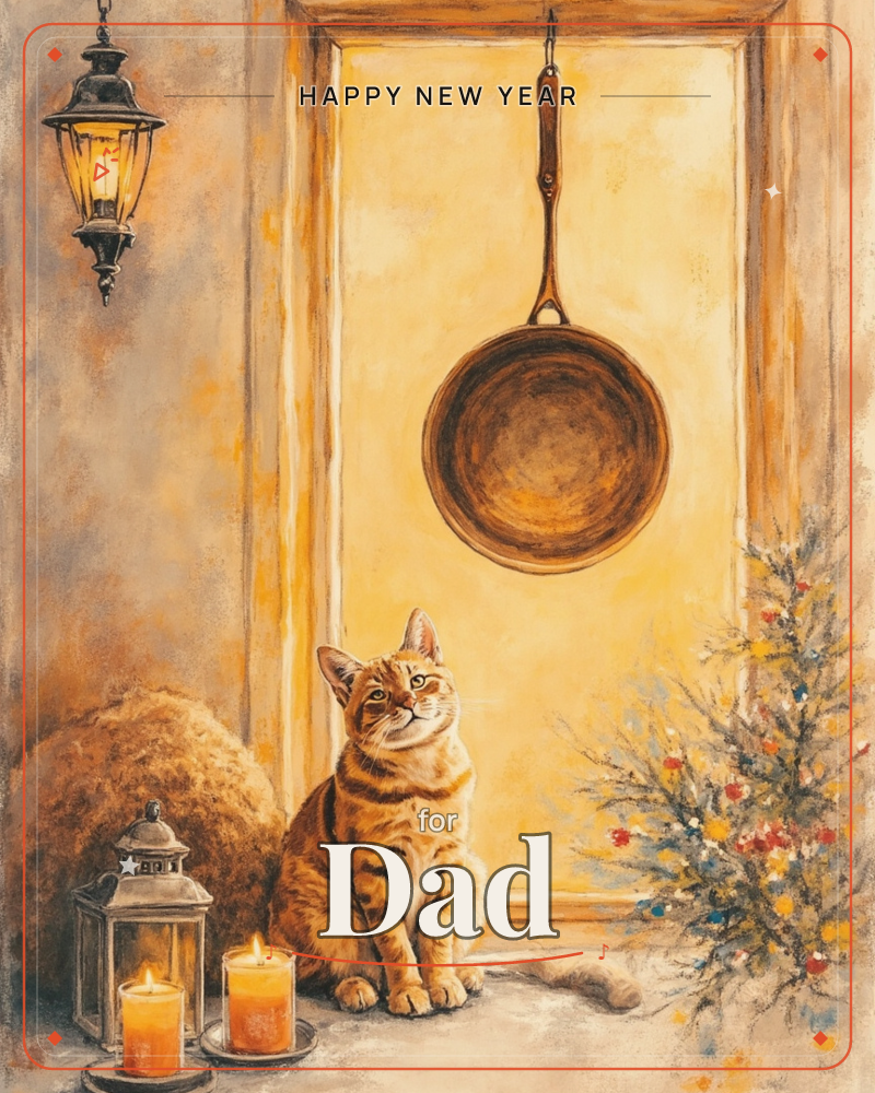 A ginger tabby cat sits alertly on a stone doorstep, looking up toward a lit lantern hanging above a warm golden doorway, a new year e-card design