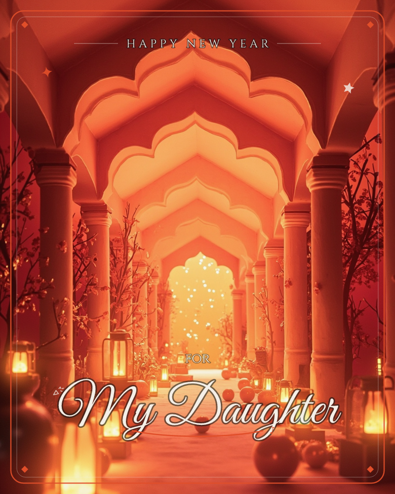 A row of scalloped, palace-style arches recedes into a glowing amber haze, lit by rows of lanterns and candles lining the floor on either side, a new year e-card design