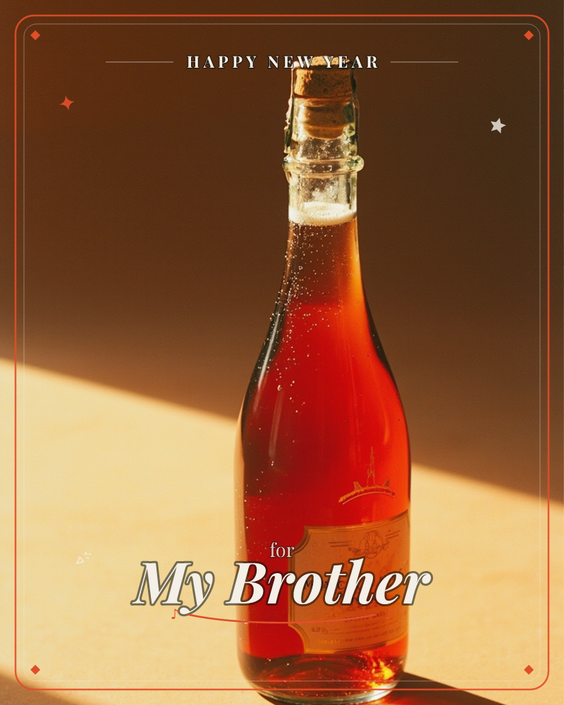 A glass bottle of amber-red sparkling wine stands corked on a warm tan surface, sunlight slicing across it in a sharp diagonal shadow, a new year e-card design