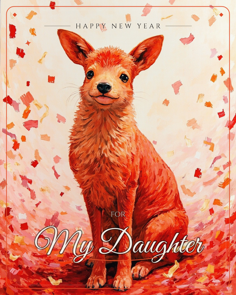 A small orange-red dog with big pointed ears and a happy, tongue-out grin sits front and centre against a swirl of confetti-like brushstrokes in warm…, a new year e-card design