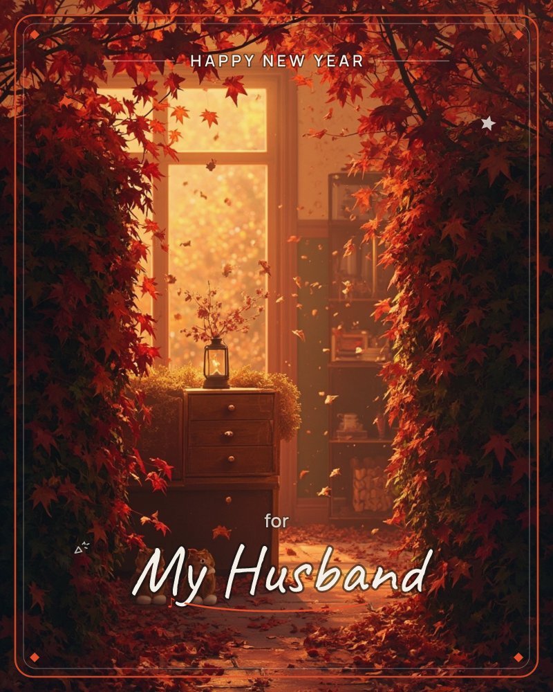 A cozy interior is framed by a doorway thick with cascading red maple leaves, opening onto a sunlit window where more leaves drift like confetti, a new year e-card design