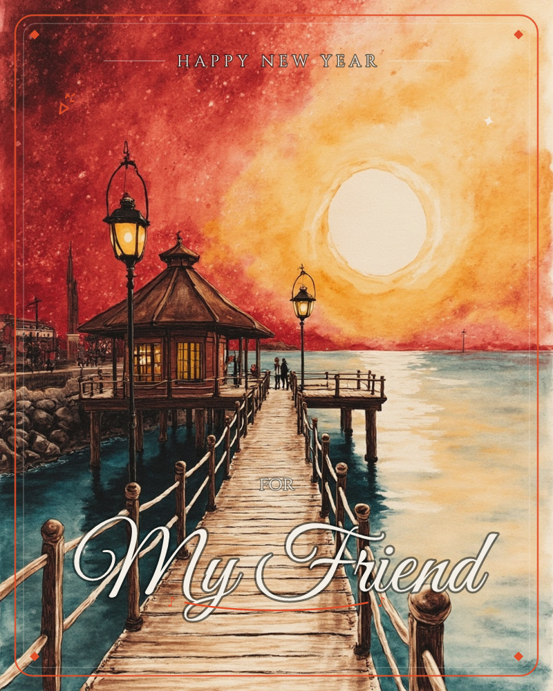 A wooden pier stretches out over teal water toward a small lantern-lit pavilion, under a blazing red and gold sky where a huge glowing sun or moon…, a new year e-card design