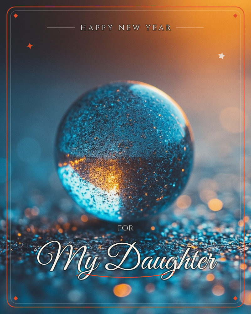 A single glass marble rests on a bed of fine glitter, glowing blue on one side and warm amber on the other where light catches it, a new year e-card design