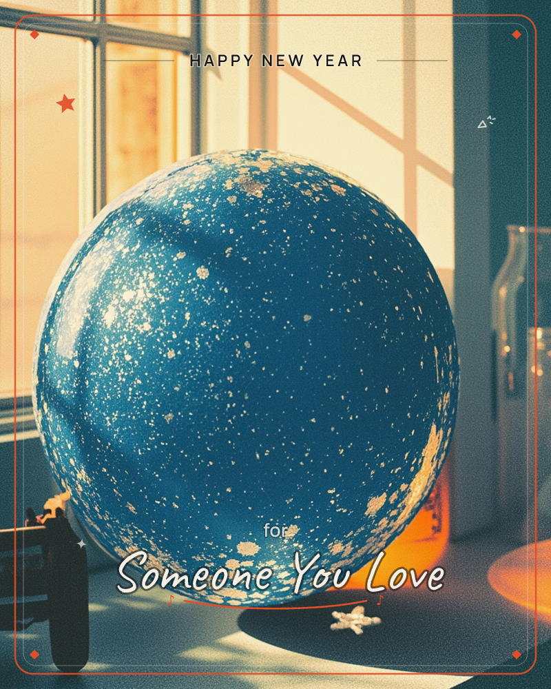 A large blue balloon speckled with gold star-like flecks sits on a windowsill, glowing in warm afternoon sunlight, a new year e-card design