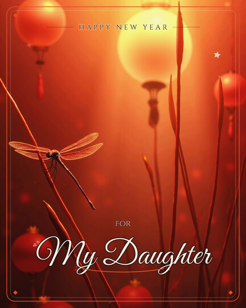 A dragonfly rests on a slender reed against a glowing red backdrop, its wings catching the warm light, a new year e-card design