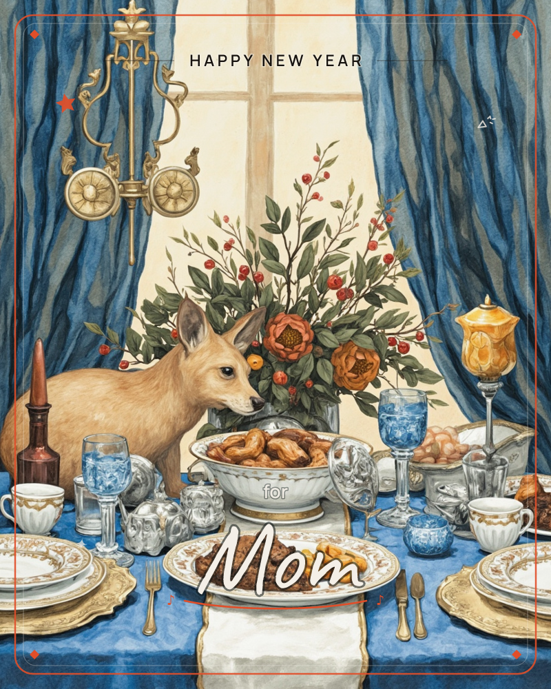 A painted holiday table is set in deep blue and gold, with a small deer figure peeking curiously from behind a vase of orange roses and red berries, a new year e-card design