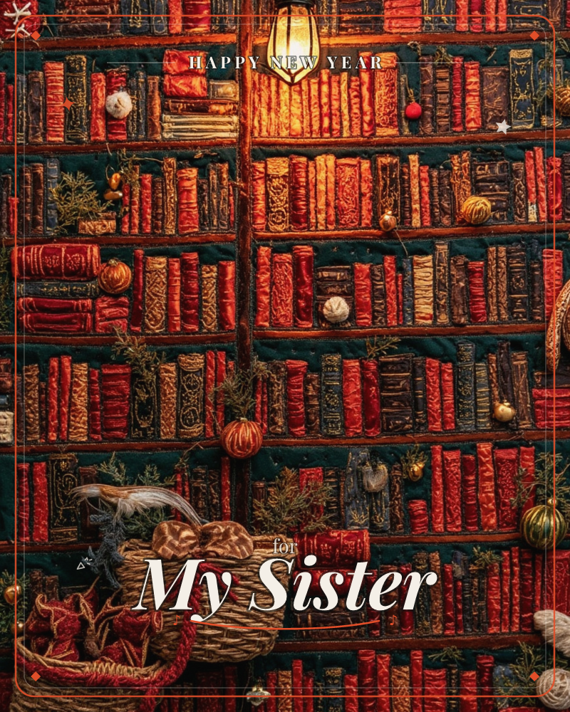 A cosy library wall is packed floor to ceiling with old leather-bound books in deep reds and gilded browns, their spines textured like embossed fabric, a new year e-card design