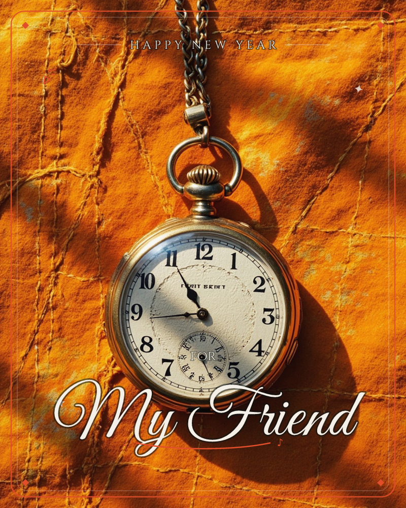 A vintage gold pocket watch and its chain rest on a rumpled orange fabric stitched with visible running-stitch lines, a new year e-card design