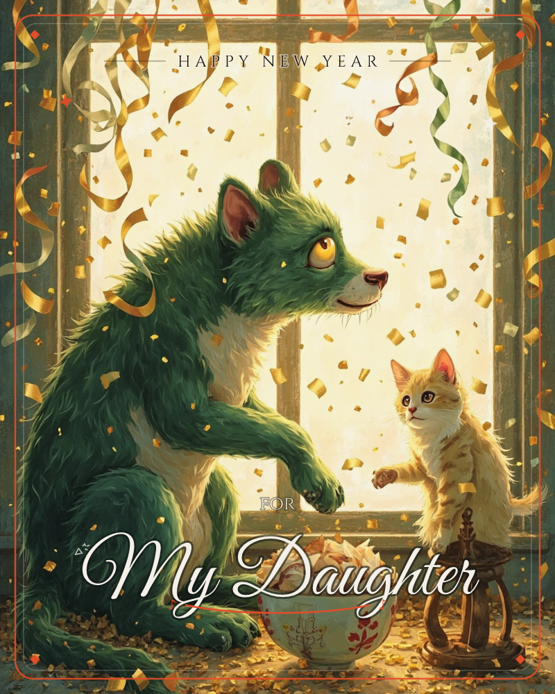 A tall green furred creature and a small ginger kitten face each other in front of a sunlit window, paws almost touching, as gold and green confetti…, a new year e-card design