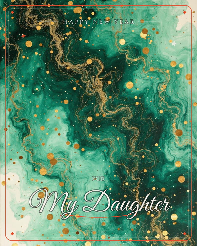 An abstract marbled swirl of emerald and jade green flows across the page like liquid ink, veined with fine threads of shimmering gold, a new year e-card design