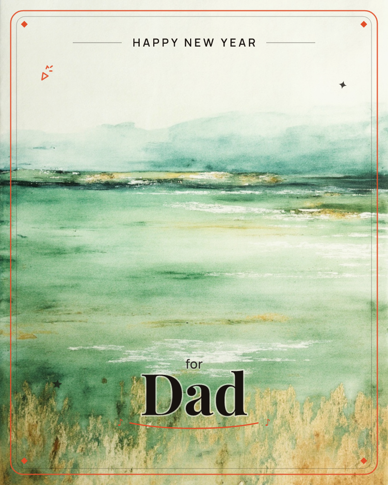 A quiet watercolour marsh stretches out under a pale hazy sky, with soft green water catching streaks of white light and gold reeds fringing the…, a new year e-card design