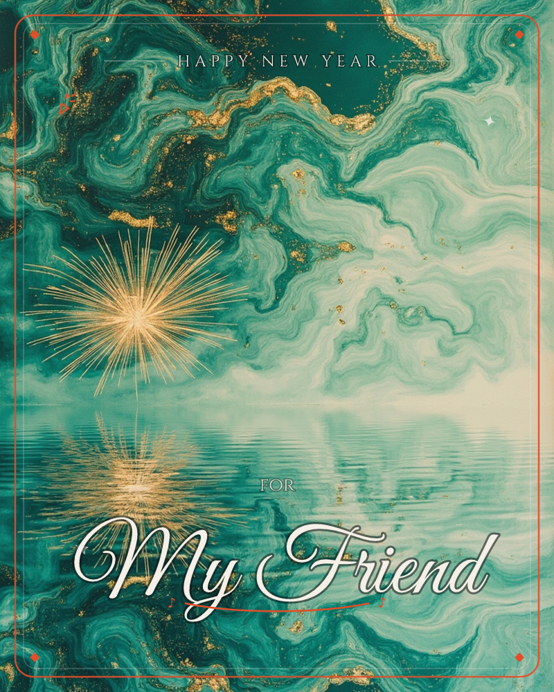 A marbled swirl of teal and emerald forms sky and water alike, split by a still horizon line where a golden starburst glows and mirrors itself below, a new year e-card design