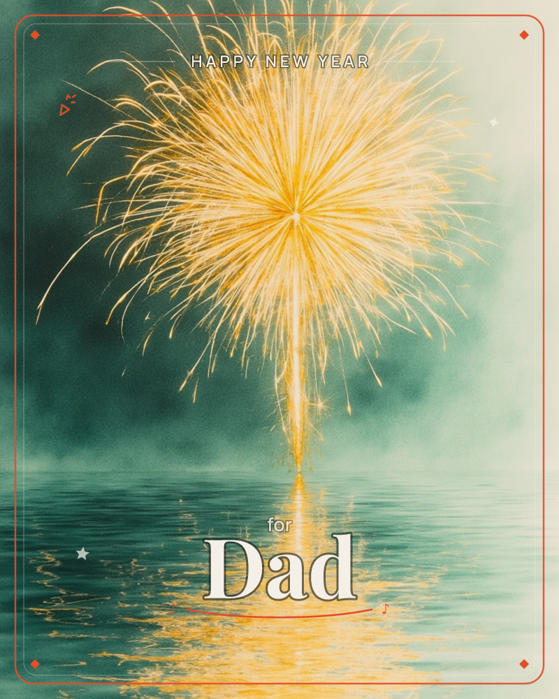 A single golden firework bursts over a still body of water, its fine threads of light mirrored perfectly on the surface below, a new year e-card design