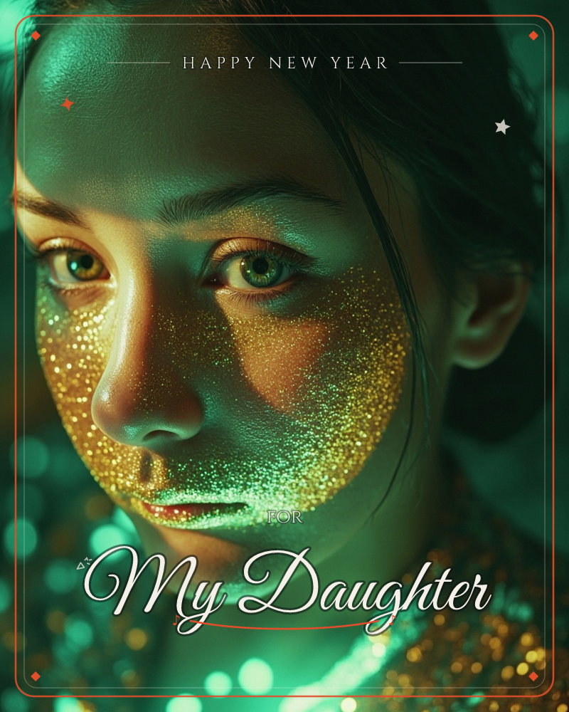 A close-up portrait of a woman with gold glitter scattered across her cheeks and nose, lit in emerald green with warm amber highlights on her skin, a new year e-card design