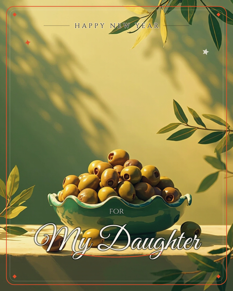 A scalloped-edged green ceramic bowl brims with plump green olives, sitting on a stone ledge under dappled sunlight, a new year e-card design
