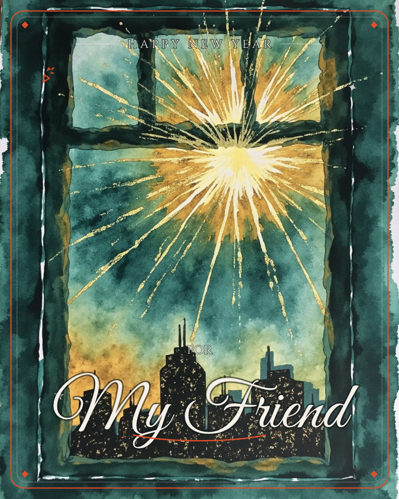 A watercolour window frame in deep teal looks out over a silhouetted city skyline, where a single gold star bursts into a firework of radiating light…, a new year e-card design