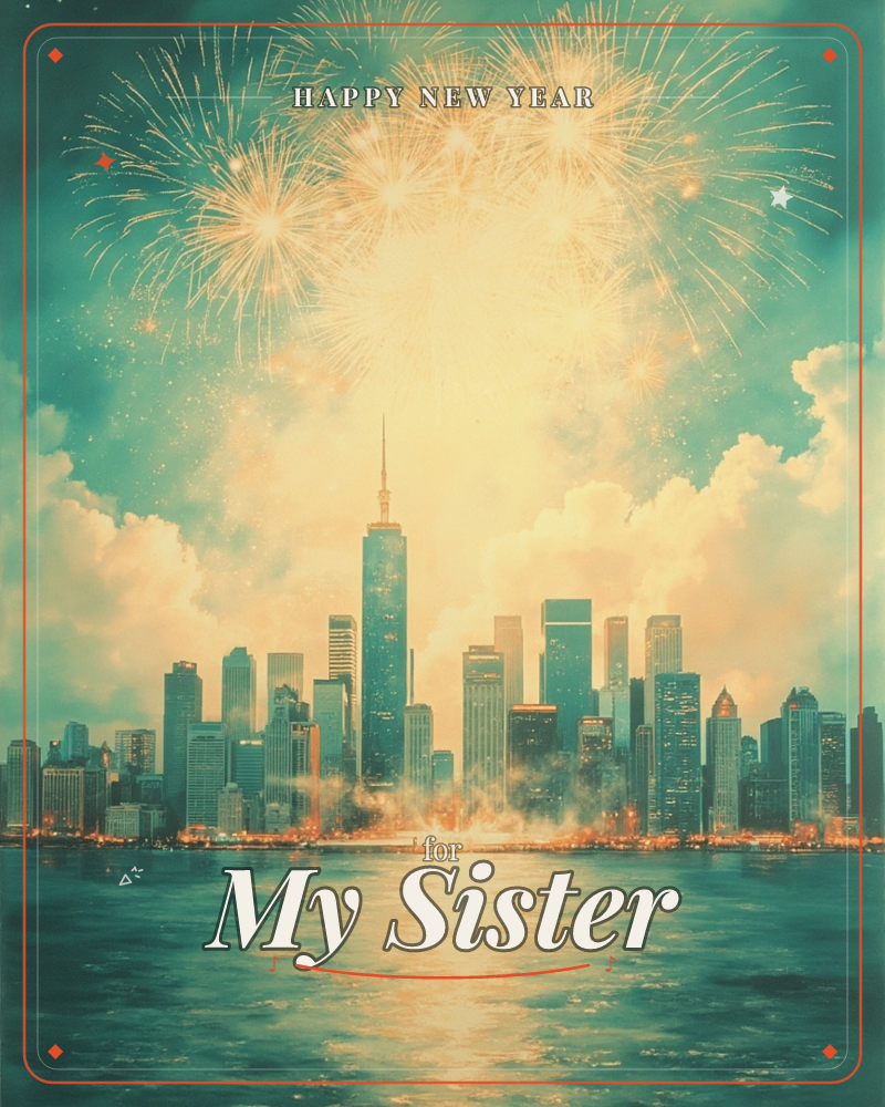A city skyline glows in teal and gold as fireworks burst high above the tallest tower, their sparks spreading into a cloud of warm light against the…, a new year e-card design