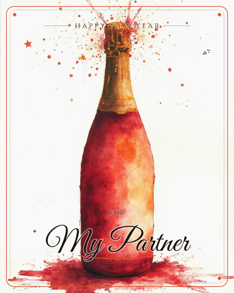 A watercolour bottle of red-gold champagne stands centred on a plain white page, its cork mid-pop with a burst of coloured droplets flying upward, a new year e-card design