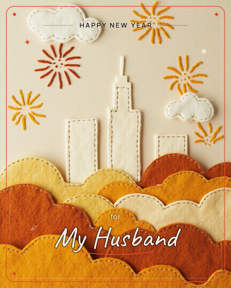 A felt-craft cityscape rises above scalloped, layered clouds in warm shades of orange and gold, with a cream skyline of simple stitched buildings…, a new year e-card design