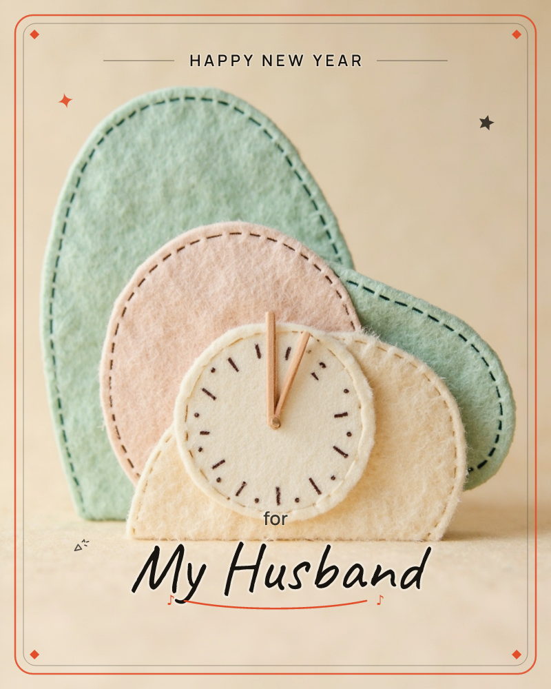 A handcrafted felt clock stands against a soft cream backdrop, made of layered arched shapes in mint, blush pink and buttery yellow, each edge finished…, a new year e-card design