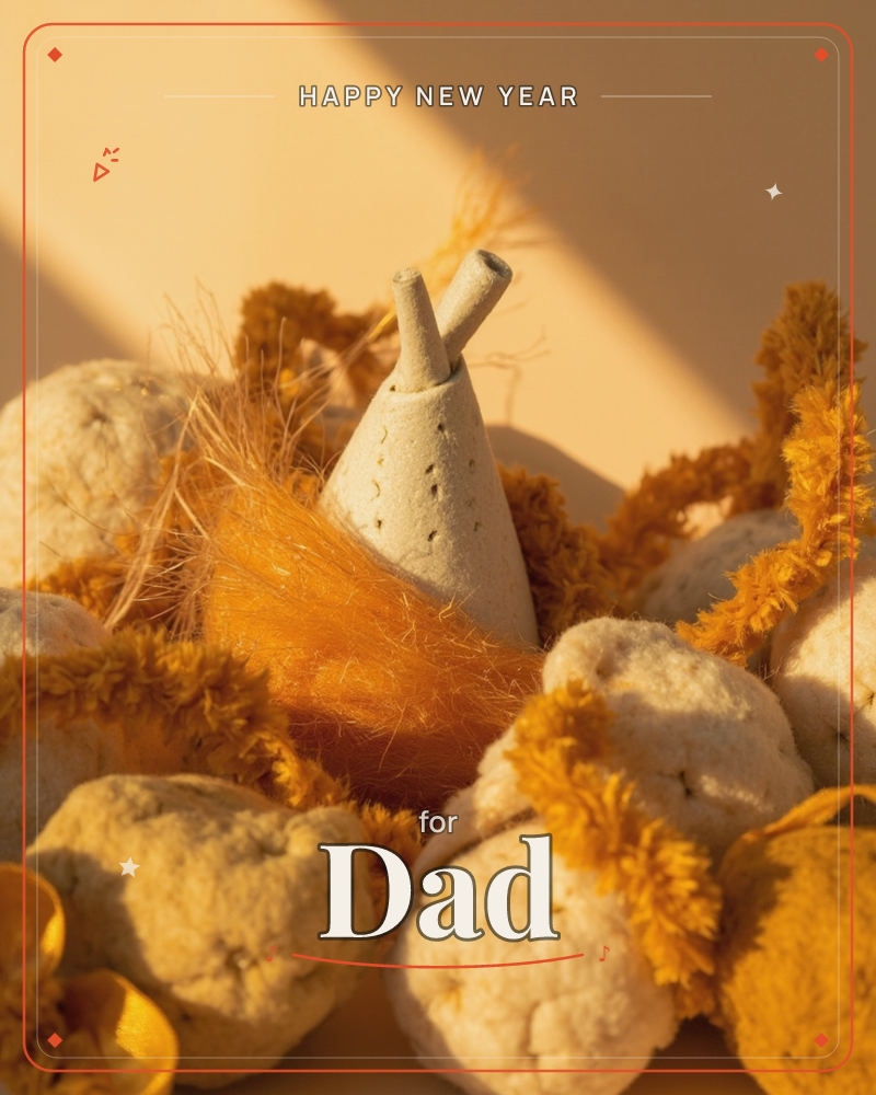 A close-up still life bathed in warm afternoon light shows a small ceramic figure nestled among dried orange grasses and knobby, textured seed pods, a new year e-card design