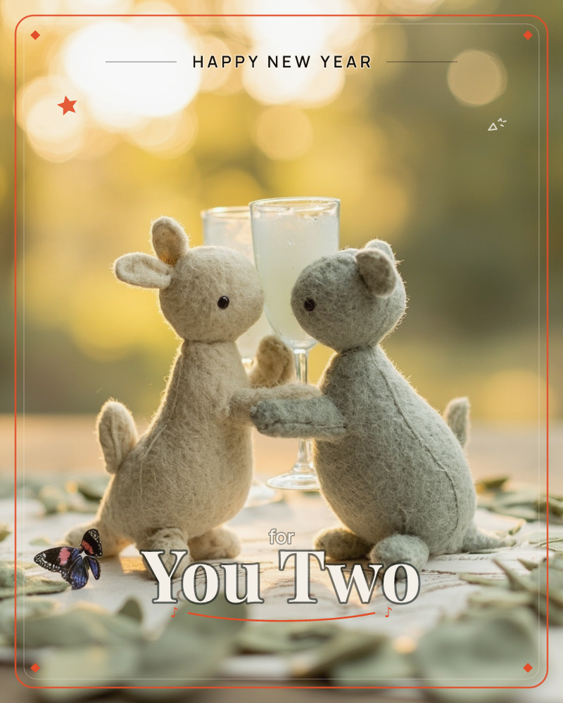 Two small felted mouse figures stand nose to nose beside a slender champagne glass, their paws touching as if clinking a toast, a new year e-card design