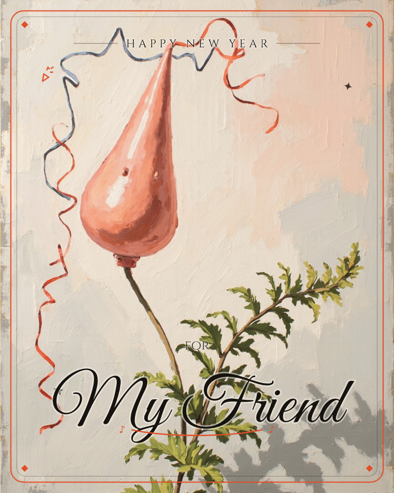 A single copper-pink balloon, teardrop-shaped and glossy with painted highlights, floats on a stem beside a feathery green frond, its curling ribbons…, a new year e-card design
