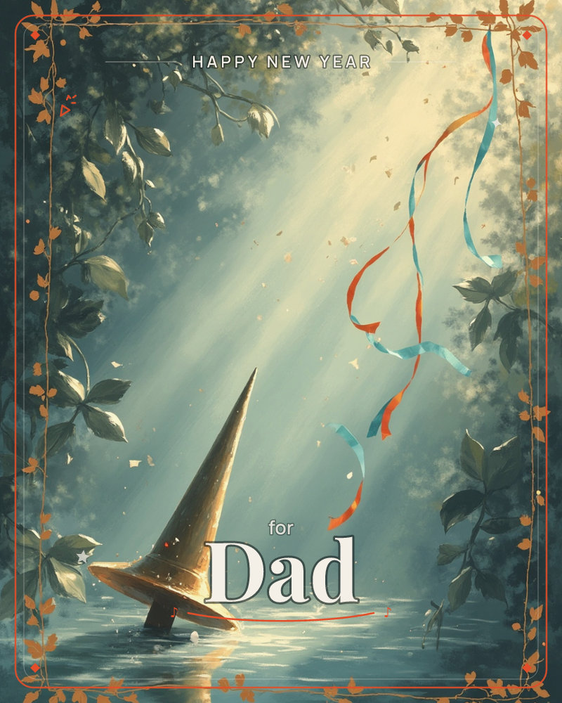 A single pointed party hat floats on still, misty water, lit by a shaft of pale sunlight breaking through overhead leaves, a new year e-card design