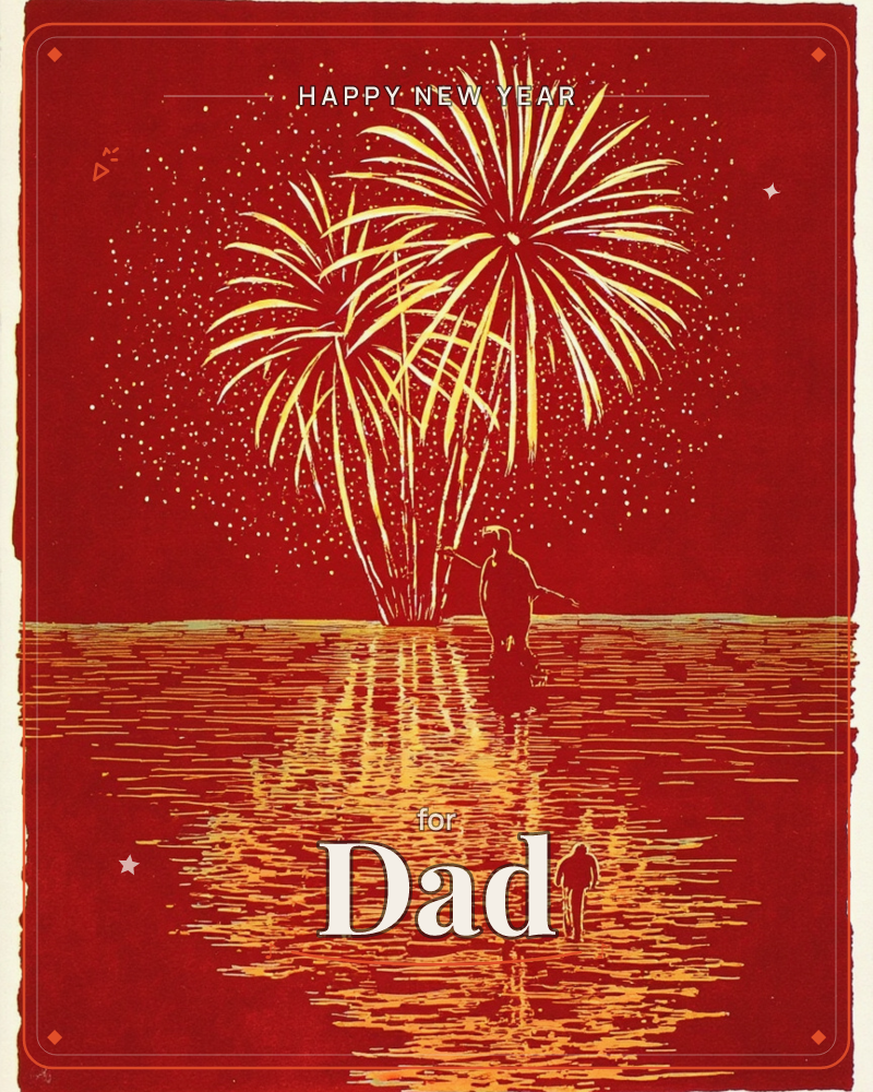 A deep red sky and shimmering water fill this print, with a burst of golden fireworks exploding above the horizon, a new year e-card design