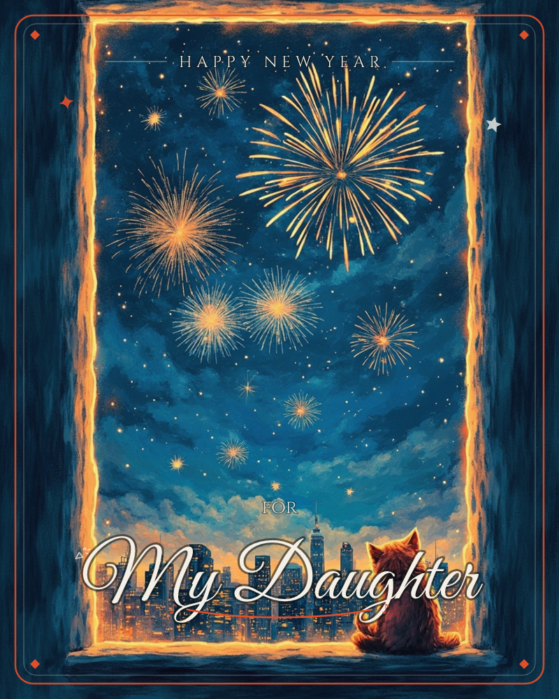 A cat sits on a windowsill gazing out at a city skyline lit up beneath a night sky bursting with golden fireworks, a new year e-card design