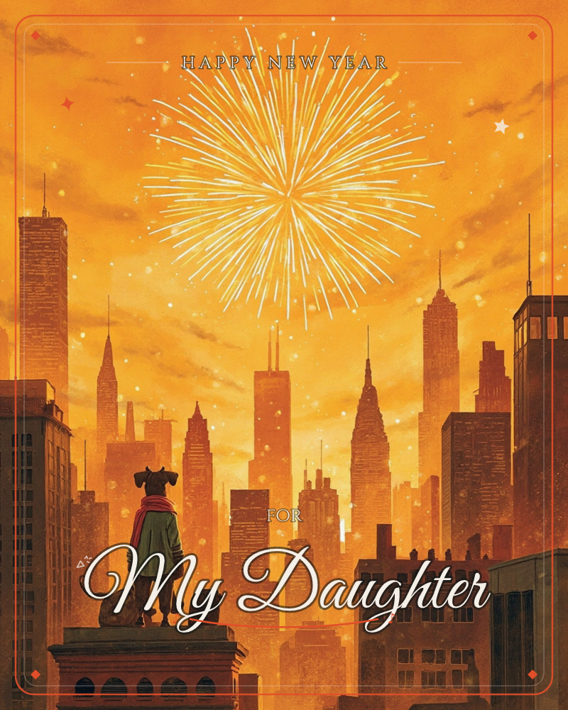 A city skyline glows amber under a burst of white fireworks, silhouetted skyscrapers and spires stretching into a hazy sunset sky, a new year e-card design