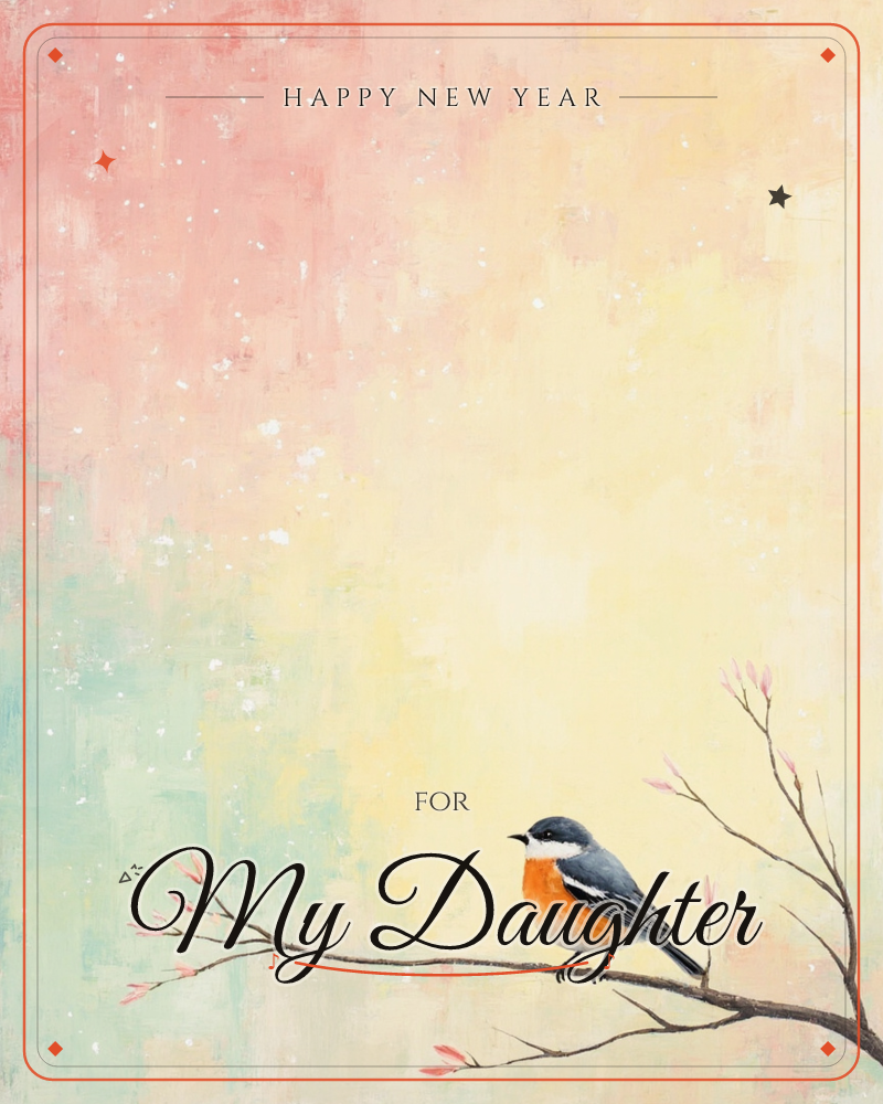 A small bird with a slate-grey head and warm orange breast perches on a slender branch dotted with pink buds, set against a soft painterly sky that…, a new year e-card design