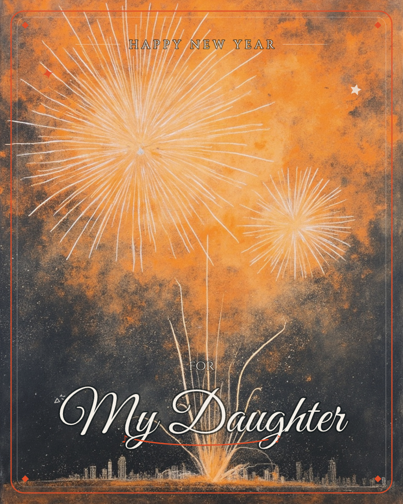 A burst of white fireworks explodes over a distant city skyline, its trails radiating outward against a smoky orange and charcoal sky, a new year e-card design