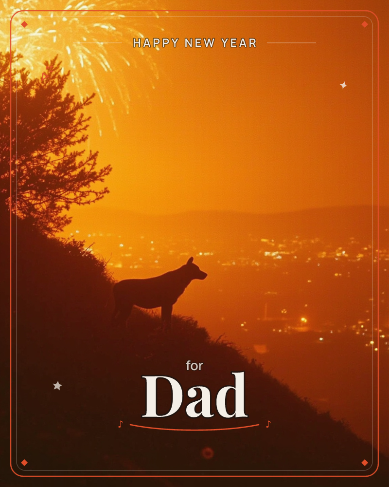 A dog stands silhouetted on a hillside overlooking a distant city, its ears alert as fireworks burst above a tree against a deep orange sky, a new year e-card design