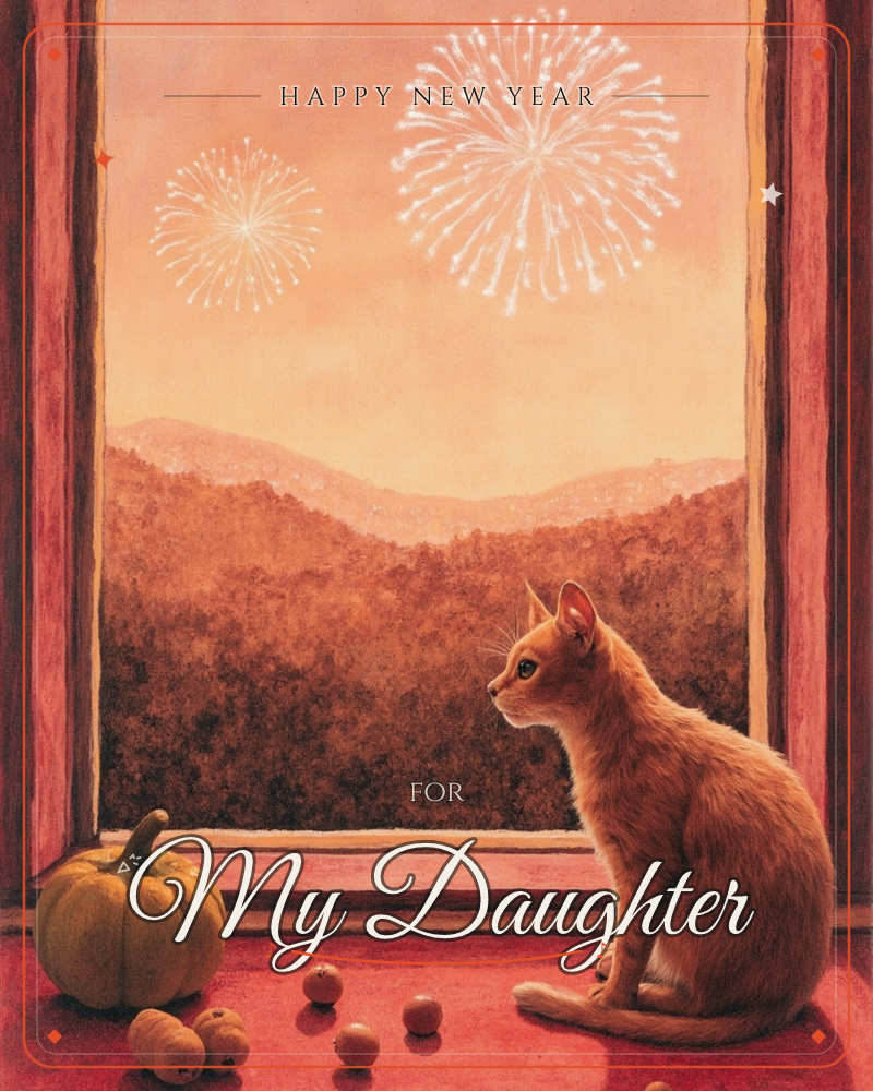 An orange tabby cat sits on a red windowsill watching fireworks burst over distant hills at dusk, a small pumpkin and scattered acorns nearby, a new year e-card design