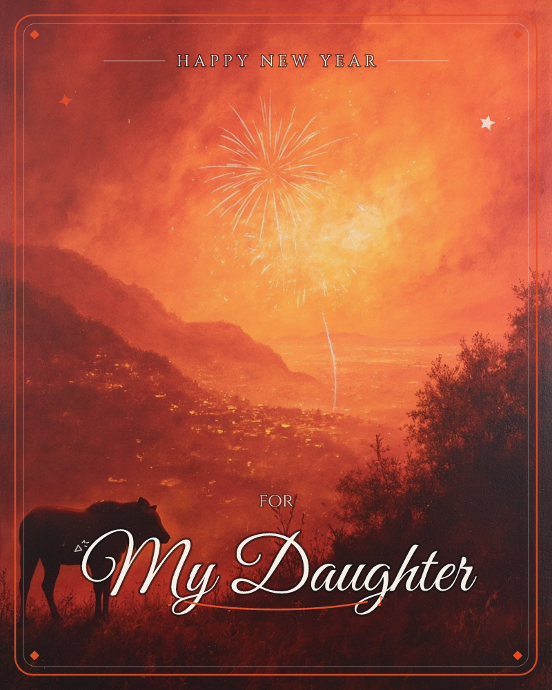 A lone bull stands silhouetted on a hillside overlooking a valley town glowing amber below, while a single white firework bursts over the distant hills…, a new year e-card design