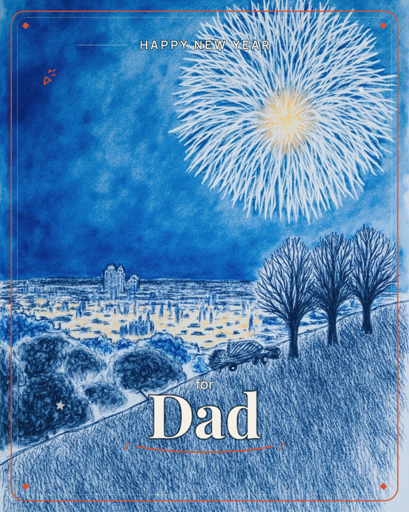 A deep blue night sky bursts with a single white firework blooming over a distant city skyline, its glow reflected in warm gold across the rooftops below, a new year e-card design