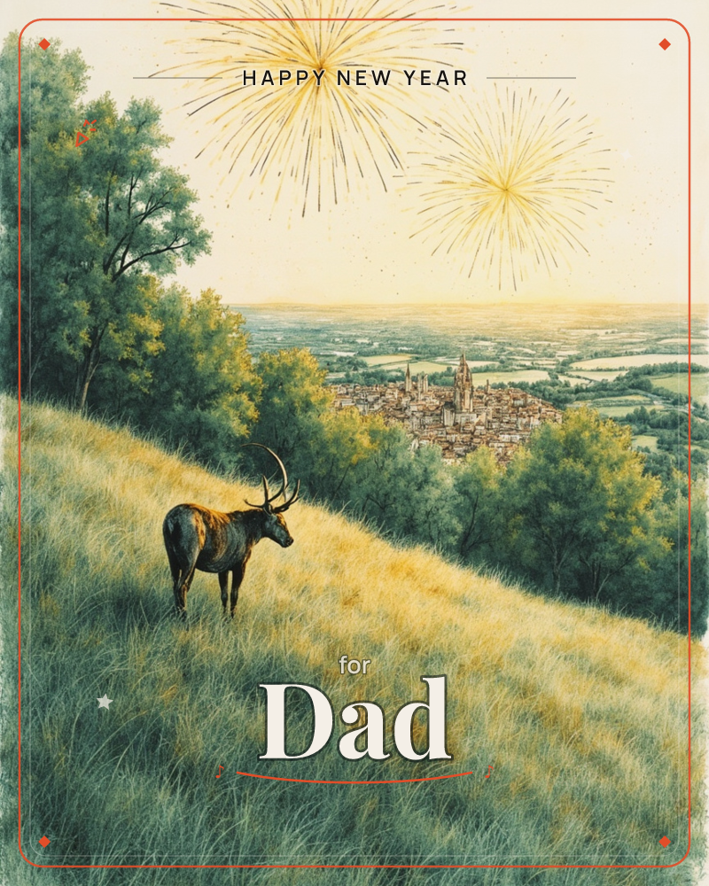 A stag stands alert on a golden, wind-brushed hillside, looking down over a distant walled town nestled among patchwork fields, a new year e-card design