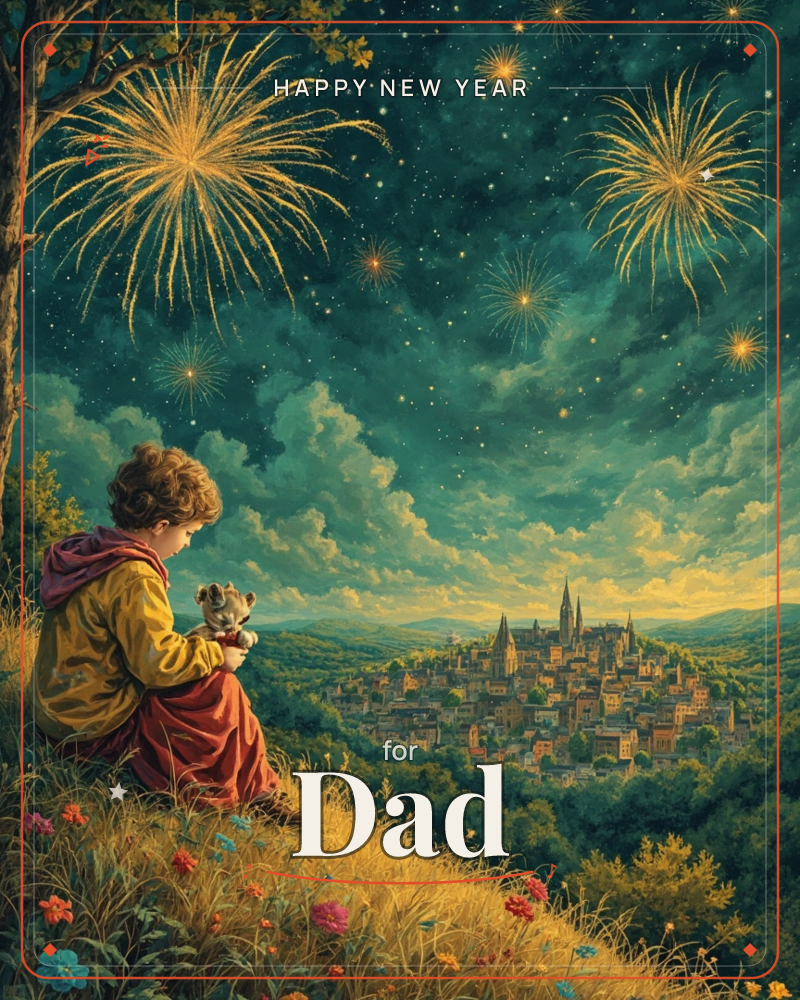 A child in a yellow hooded coat sits on a flower-dotted hillside above a distant hilltop town, cradling a small stuffed toy while golden fireworks…, a new year e-card design