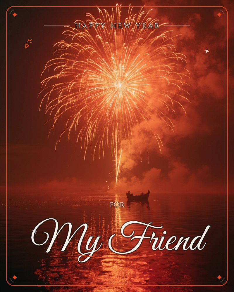 A single firework bursts in a golden starburst over dark water, its smoke glowing orange-red against the night sky, a new year e-card design